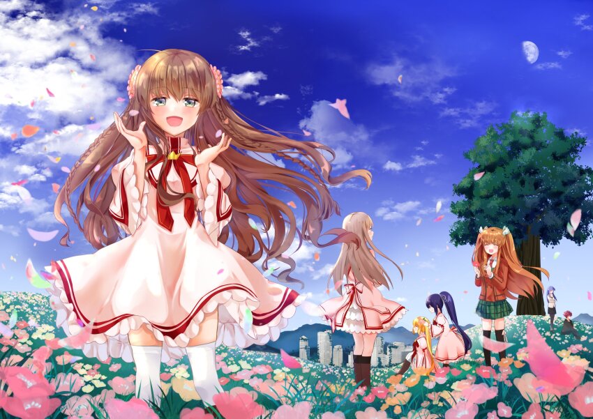 1boy 6+girls :d ^_^ ahoge black_hair black_thighhighs blonde_hair blue_sky blush boots braid brown_boots brown_hair brown_jacket closed_eyes cloud commentary_request crown day dress eyes_visible_through_hair falling_petals feet_out_of_frame field floating_hair flower flower_field frilled_dress frilled_sleeves frills green_eyes green_skirt hair_between_eyes hair_flower hair_ornament hands_up happy highres imamiya_arata jacket juliet_sleeves kanbe_kotori kazamatsuri_institute_high_school_uniform konohana_lucia kurage_(kurage19) long_hair long_sleeves looking_at_viewer mini_crown miniskirt moon multiple_girls nakatsu_shizuru neck_ribbon nishikujou_touka ootori_chihaya open_hands open_mouth orange_hair outdoors petals pink_dress pink_flower plaid_clothes plaid_skirt pleated_skirt ponytail profile puffy_sleeves red_ribbon rewrite ribbon ruins school_uniform senri_akane sidelocks sitting skirt sky smile standing straight_hair thighhighs tree twin_braids twintails two_side_up very_long_hair white_thighhighs wide_sleeves wind wing_hair_ornament yellow_flower zettai_ryouiki