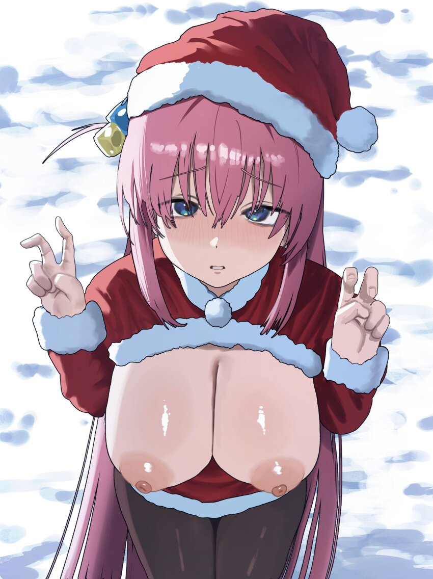 1girl alternate_costume black_pantyhose blue_eyes bocchi_the_rock! breasts breasts_out christmas commentary cowboy_shot cube_hair_ornament double_v english_commentary gotoh_hitori hair_between_eyes hair_ornament hat highres large_breasts light_blush long_hair looking_at_viewer moecode nipples one_side_up outdoors pantyhose parted_lips pink_hair santa_costume santa_hat snow solo v very_long_hair
