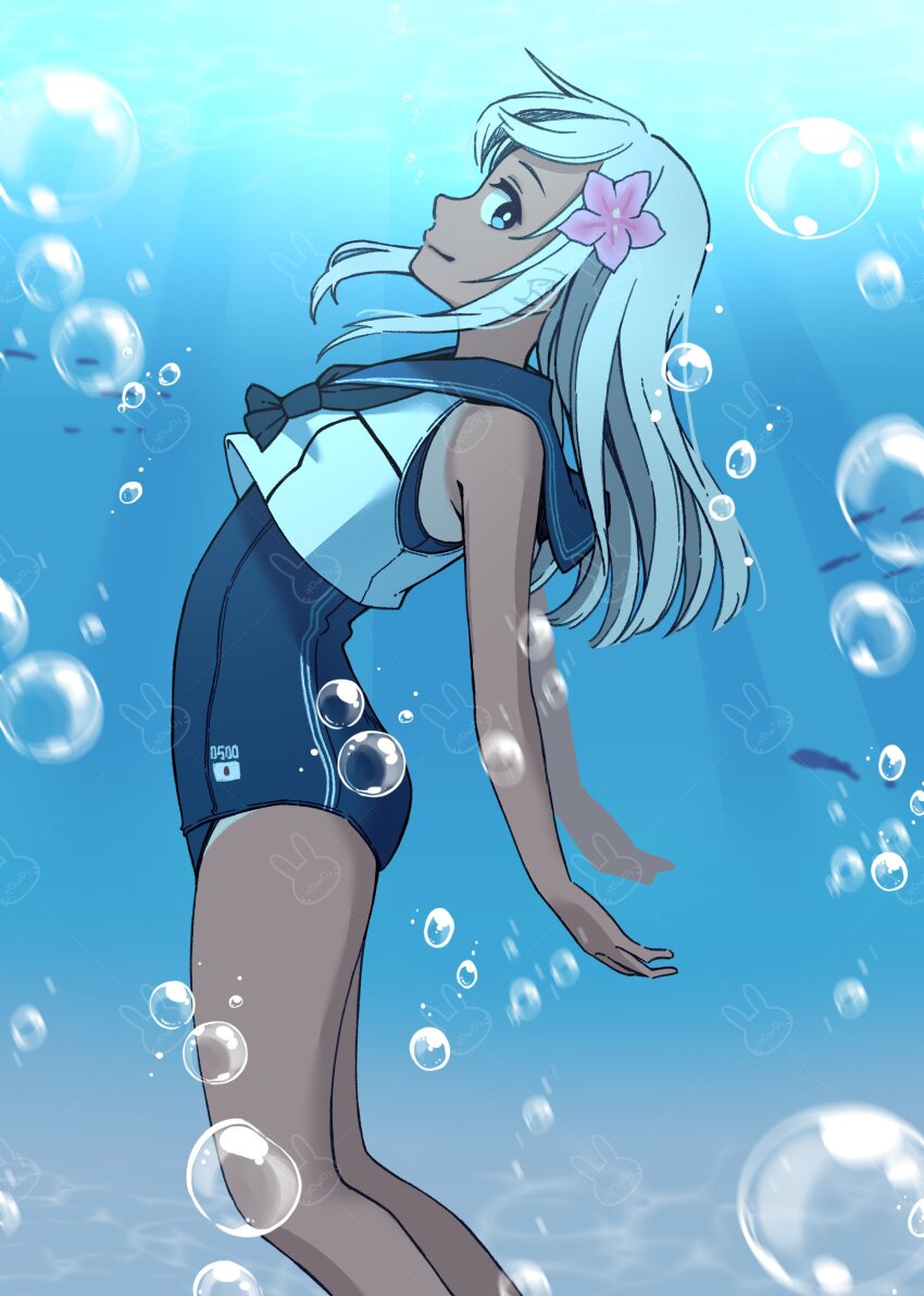 1girl absurdres air_bubble black_neckerchief blonde_hair blue_eyes blue_one-piece_swimsuit blue_sailor_collar bubble crop_top feet_out_of_frame flower hair_flower hair_ornament highres kantai_collection long_hair looking_at_viewer neckerchief one-piece_swimsuit one-piece_tan profile ro-500_(kancolle) sailor_collar sailor_shirt school_swimsuit shirt smile solo swimsuit swimsuit_under_clothes tamaki. tan tanline underwater