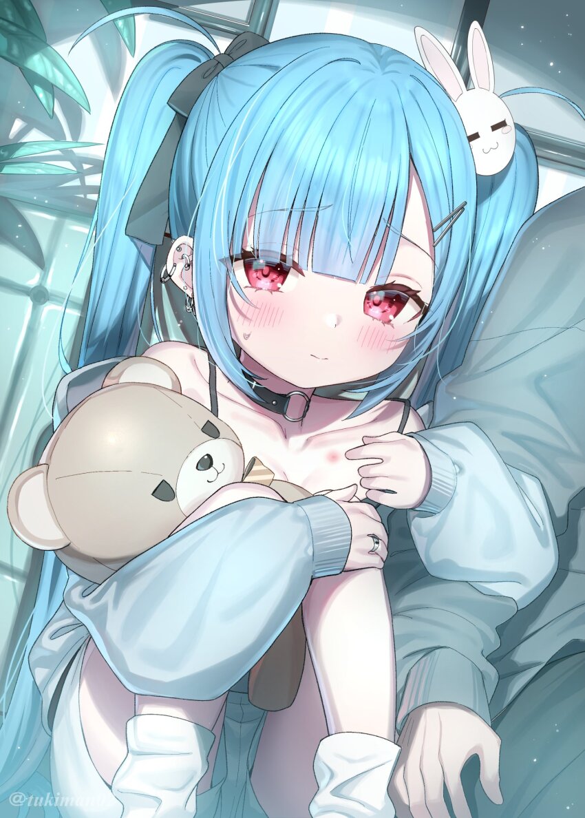 1boy 1girl black_bow blue_hair blush bow closed_mouth collarbone commentary_request ear_piercing hair_bow hair_ornament hairclip highres hugging_object kanae_(tsukiman) long_hair long_sleeves loose_socks off_shoulder original piercing puffy_long_sleeves puffy_sleeves rabbit_hair_ornament red_eyes shorts sleeves_past_wrists socks solo_focus stuffed_animal stuffed_toy tsukiman twintails very_long_hair white_socks