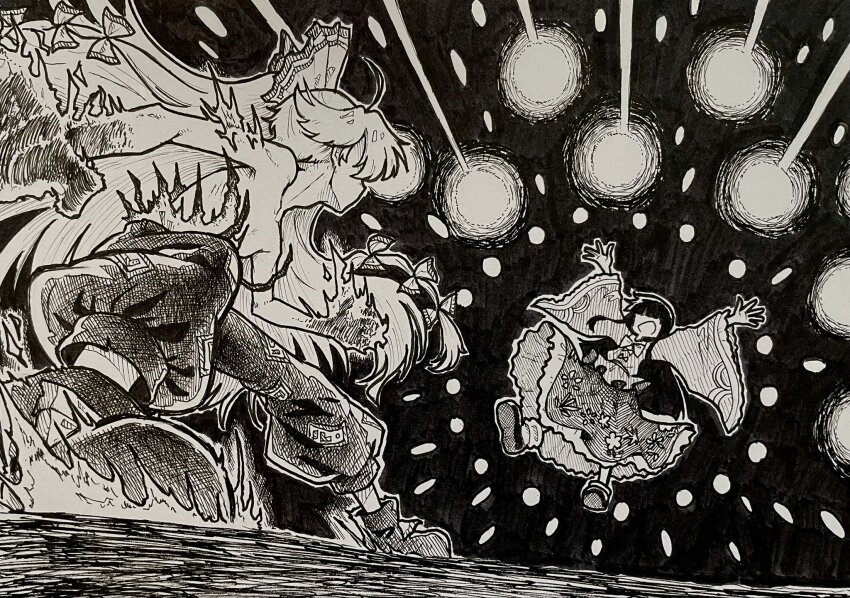 2girls boots bow bowtie fighting fire floating frilled_skirt frilled_sleeves frills fujiwara_no_mokou greyscale hair_bow highres houraisan_kaguya laser long_hair long_sleeves monochrome multiple_girls multiple_hair_bows no_eyes open_mouth pants pyrokinesis shirt shoes skirt smile socks suspenders suteruko topless_female touhou traditional_media very_long_hair wide_sleeves