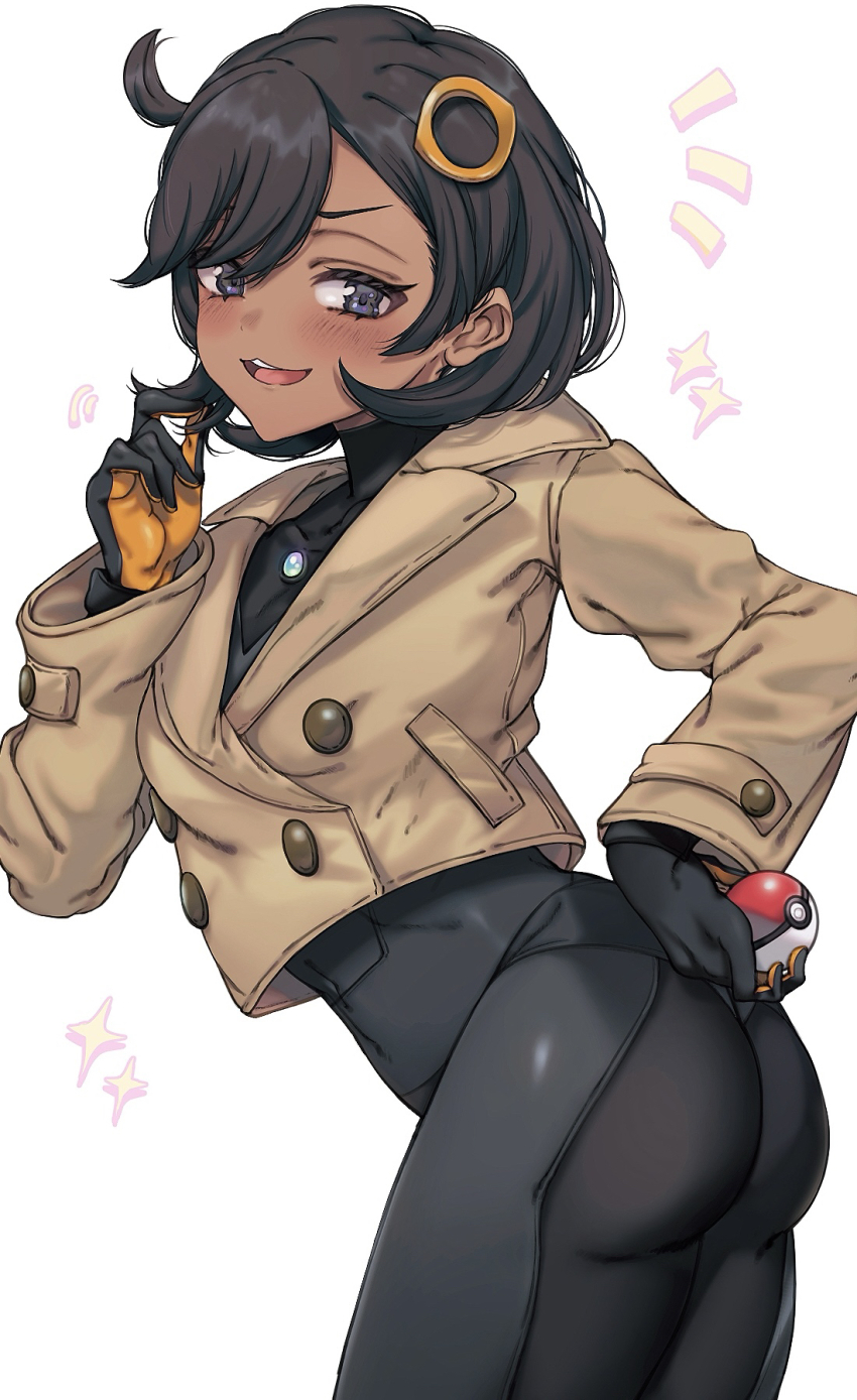 1girl ass black_bodysuit black_gloves black_hair blue_eyes blush bodysuit bodysuit_under_clothes breasts brown_jacket commentary_request dark-skinned_female dark_skin emma_(pokemon) gloves hair_ornament highres holding holding_poke_ball jacket kayanogura latex latex_bodysuit looking_at_viewer mega_stone multicolored_gloves nintendo open_mouth orange_gloves poke_ball poke_ball_(basic) pokemon pokemon_legends:_z-a short_hair simple_background smile solo two-tone_gloves white_background