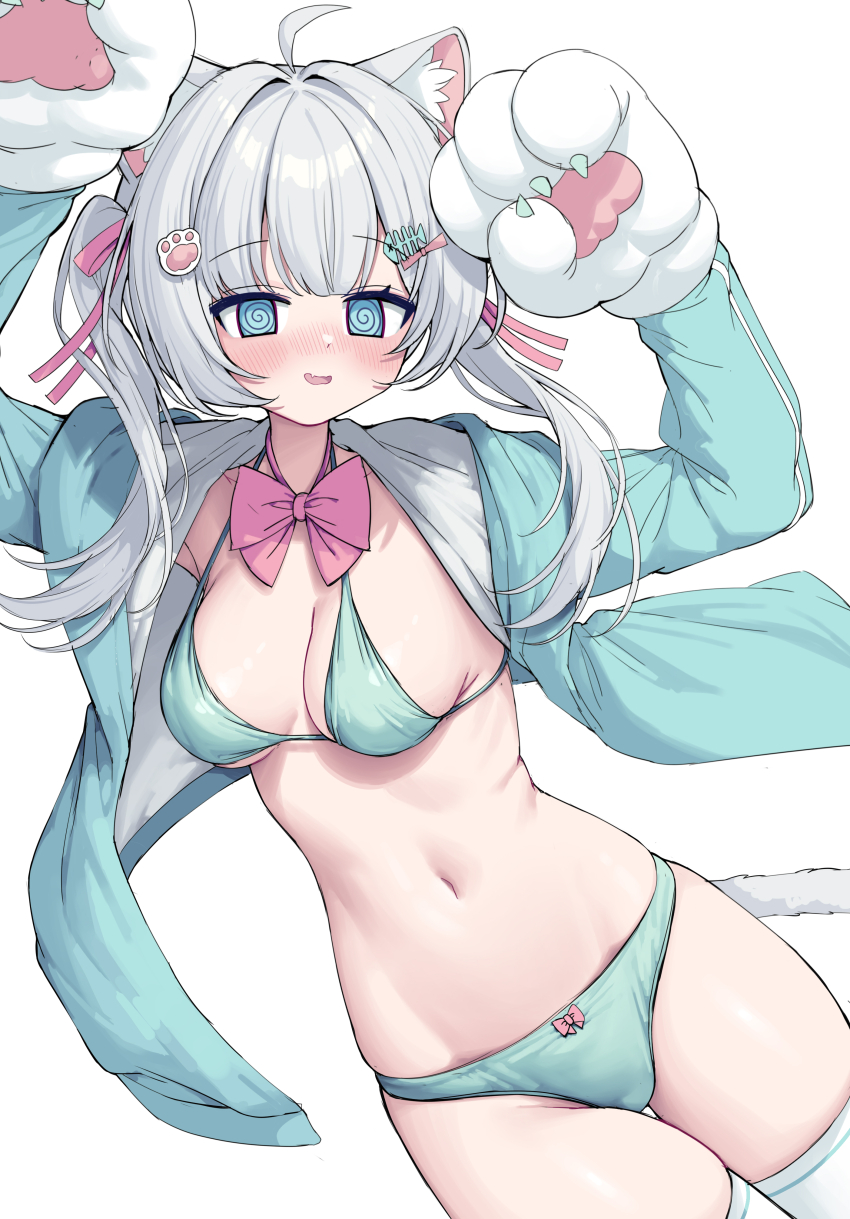 1girl @_@ absurdres ahoge animal_ears animal_hands blue_eyes blush bow bowtie breasts cat_ears commentary gloves hair_ornament highres indie_virtual_youtuber jacket korean_commentary medium_breasts metaljelly nachu_(vtuber) navel paw_gloves pink_bow simple_background solo tail thighhighs white_background white_thighhighs