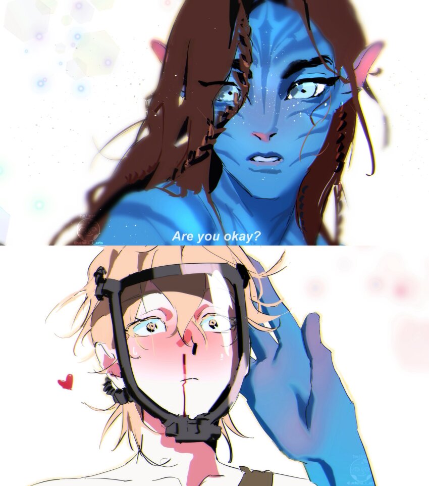 1boy 1girl alien alien_stage blonde_hair blood blue_eyes blue_skin blush braid brown_hair colored_skin commentary english_commentary english_text hand_on_another's_head heart highres hyuna_(alien_stage) james_cameron's_avatar long_hair luka_(alien_stage) mask na'vi nosebleed pointy_ears uchiha_i_arts yellow_eyes