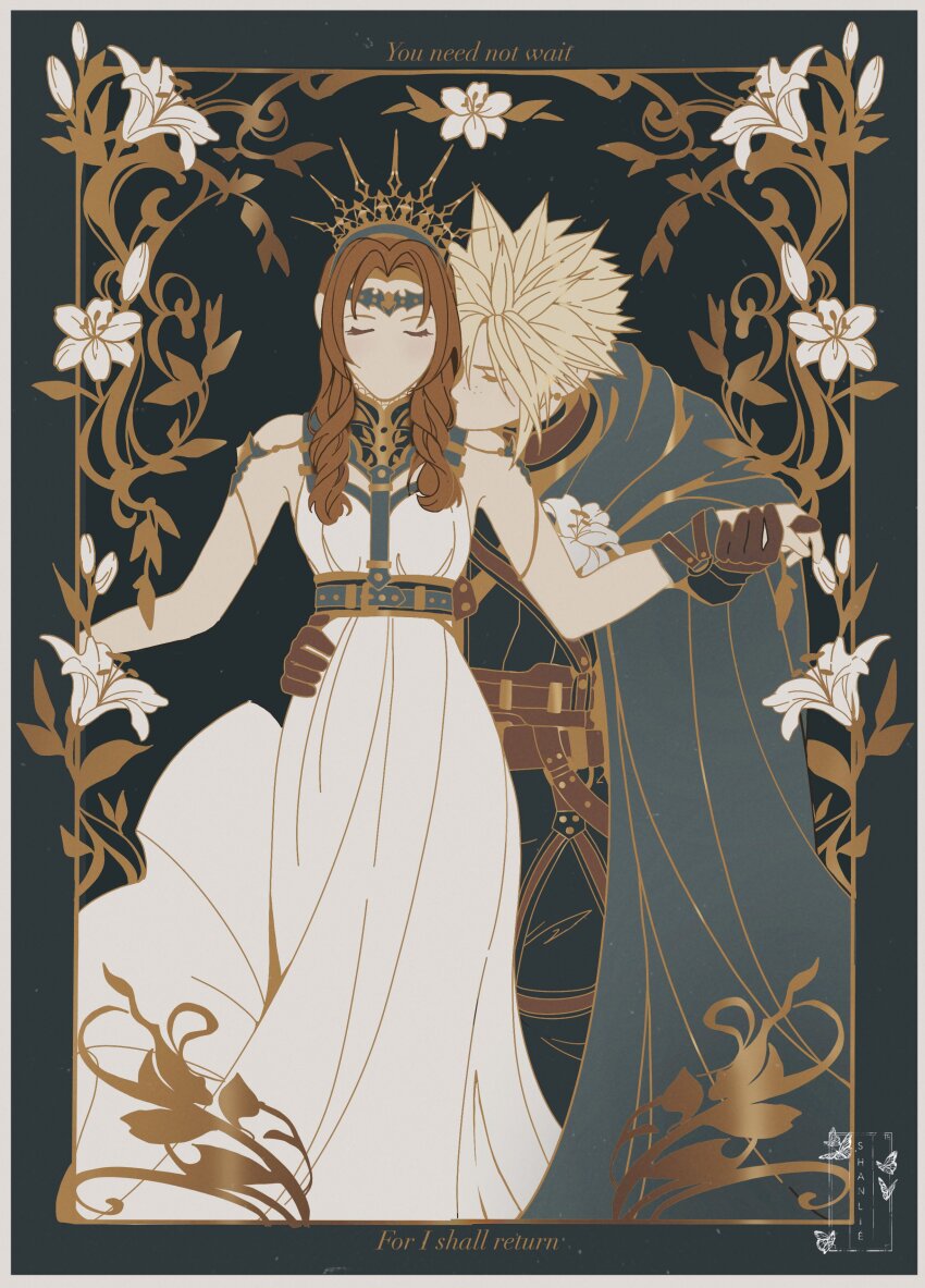 1boy 1girl absurdres aerith_gainsborough aerith_gainsborough_(loveless_dress) artist_name belt black_background black_jacket black_pants blonde_hair blue_cloak border breasts brown_belt brown_gloves brown_hair chest_harness circlet cloak closed_eyes cloud_strife cloud_strife_(alphreid_costume) couple cowboy_shot crown dress earrings english_text final_fantasy final_fantasy_vii final_fantasy_vii_rebirth final_fantasy_vii_remake flower gloves gold_saucer grey_border hair_between_eyes hand_on_another's_waist harness hetero highres holding_hands jacket jewelry lily_(flower) long_dress long_hair medium_breasts official_alternate_costume pants parted_bangs princess_rosa_costume shanlieart short_hair sidelocks single_earring sleeveless sleeveless_dress spiked_hair white_dress white_flower
