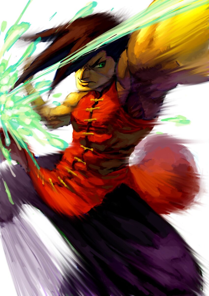 1boy attack baggy_pants black_pants bridal_gauntlets brown_hair capcom chinese_clothes dougi energy fighting_stance green_eyes highres jonpei long_hair looking_to_the_side male_focus martial_arts motion_blur muscular pants red_shirt shirt sleeveless sleeveless_shirt solo street_fighter street_fighter_iii_(series) yang_lee yellow_bridal_gauntlets