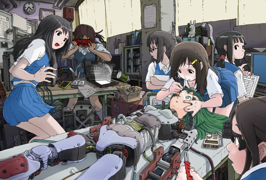 6+girls android assembling black_eyes black_hair brown_hair cellphone clock computer cyberpunk flashlight glasses green_eyes green_hair head-mounted_display joints laptop mechabare multiple_girls notebook open_mouth original phone ponytail rabbit robot robot_joints school_uniform science_fiction shirt skirt skirt_set smartphone sukabu surprised table tools twintails vest