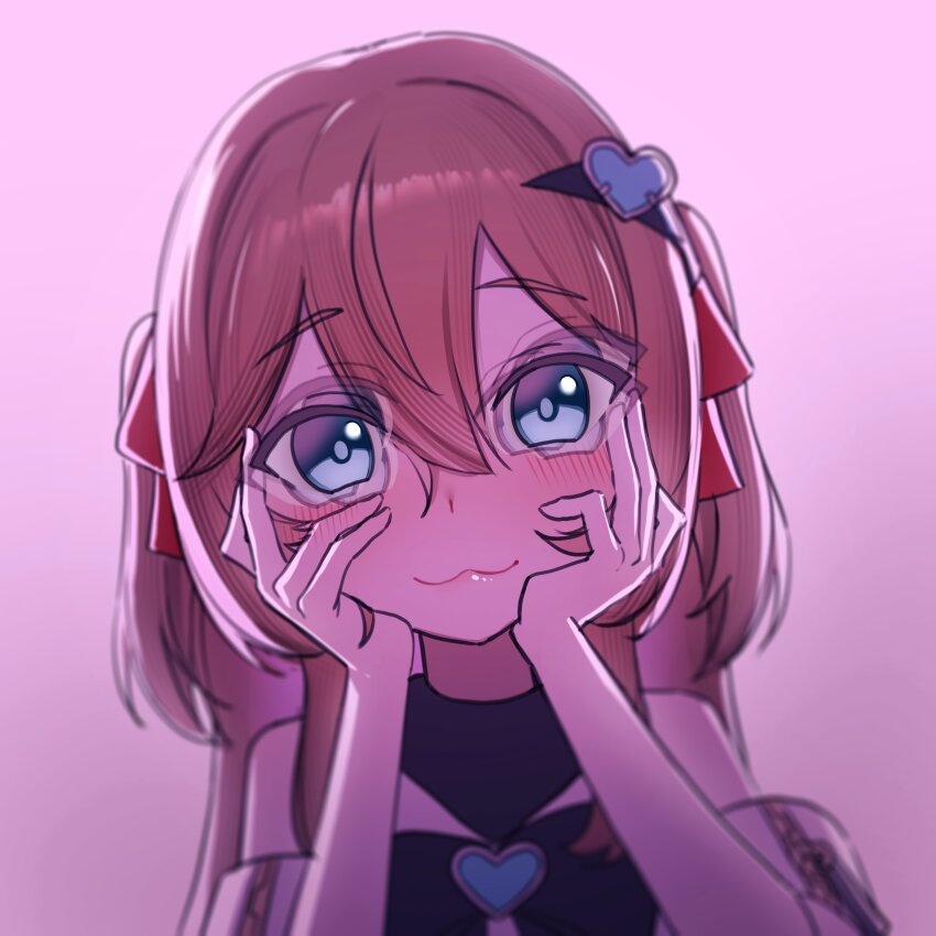 1girl :3 absurdres black_bow black_bowtie blue_eyes blurry blush bow bowtie brown_hair closed_mouth clothing_cutout hair_ornament hair_ribbon hands_on_own_cheeks hands_on_own_face hands_up heart heart_hair_ornament highres lavidi long_hair looking_at_viewer neuro-sama official_alternate_costume pink_background portrait red_ribbon ribbon shoulder_cutout simple_background solo two_side_up vedal_ai yandere_trance zipper