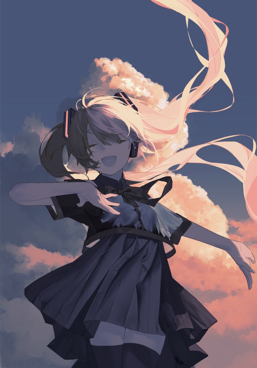 1girl :d bow bowtie closed_eyes cloud cloudy_sky cowboy_shot dress floating_hair hair_ornament hand_on_own_chest hatsune_miku highres kirin1143410 limited_palette long_hair open_mouth outstretched_arm see-through_clothes see-through_shirt shirt shirt_over_dress short_sleeves sky sleeveless sleeveless_dress smile solo thighhighs twintails vocaloid zettai_ryouiki