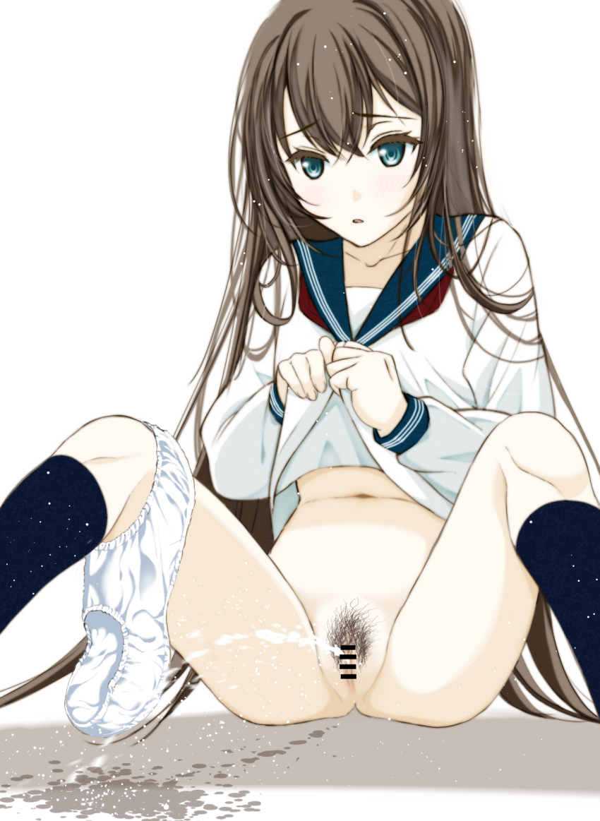 1girl black_hair blush breasts censored female_ejaculation flat_chest kneehighs loli moonsorrow original panties_around_leg peeing pubic_hair school_uniform serafuku small_breasts socks solo tagme thighs