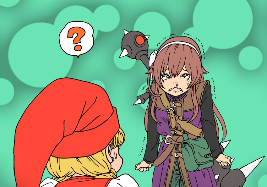 .live 2girls ? bag blonde_hair braid brown_eyes brown_hair commentary_request cosplay crying dragon_quest dragon_quest_xi earrings green_pants hairband hat hero_(dq11) hero_(dq11)_(cosplay) highres jewelry lee_(dragon_garou) low_twin_braids multiple_girls pants red_hat snot spoken_question_mark sweatdrop tears trembling twin_braids veronica_(dq11) virtual_youtuber weapon weapon_on_back white_hairband yaezawa_natori