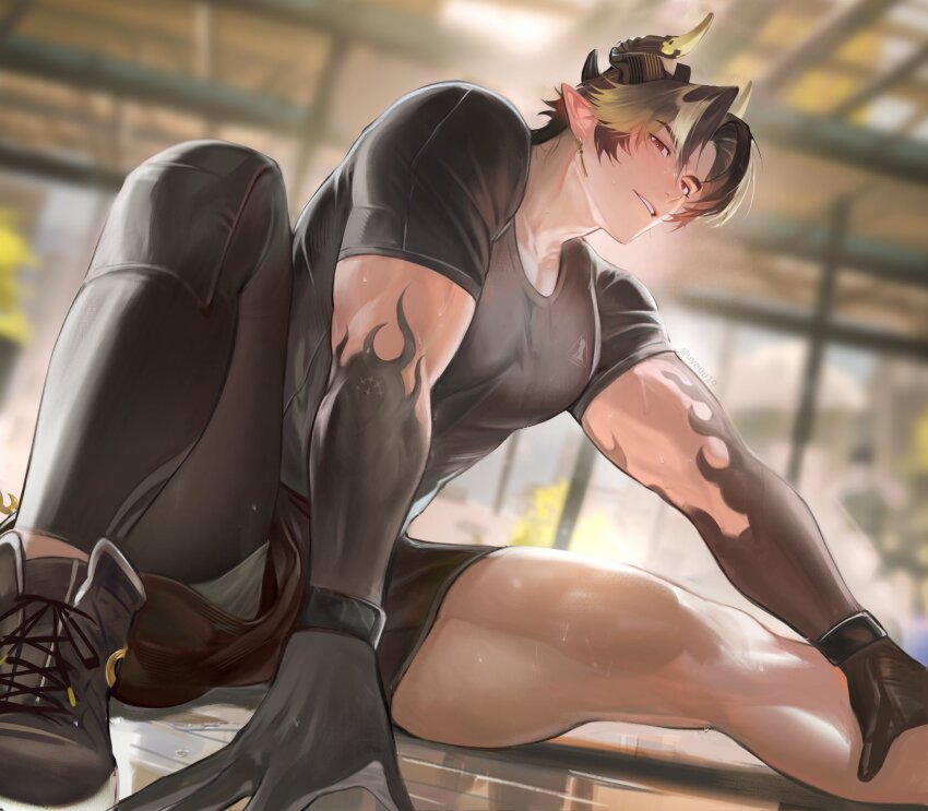 1boy arknights black_hands blush chongyue_(arknights) colored_extremities dragon_boy dragon_horns dragon_tail highres horns male_focus multicolored_hair pointy_ears shorts sitting skin_tight streaked_hair stretching tail toned toned_male uyouu19