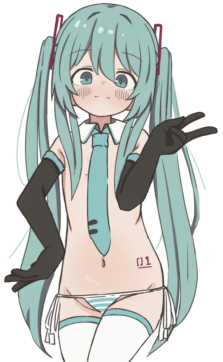 1girl absurdres axys black_gloves blue_eyes blue_hair blue_necktie detached_sleeves double-parted_bangs gloves hair_intakes hatsune_miku highres loli long_hair navel necktie panties red_tattoo sidelocks simple_background striped_clothes striped_panties tattoo thighhighs topless_female underwear very_long_hair vocaloid white_background white_thighhighs