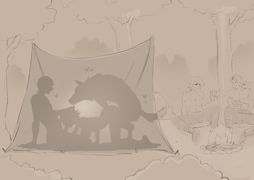 1girl 3boys absurdres animal ass bestiality breasts bush cafin commentary english_commentary fellatio fire fireplace greyscale heart hetero highres large_breasts league_of_legends monochrome multiple_boys oral outdoors sex sex_from_behind stealth_sex taliyah tent tree wolf