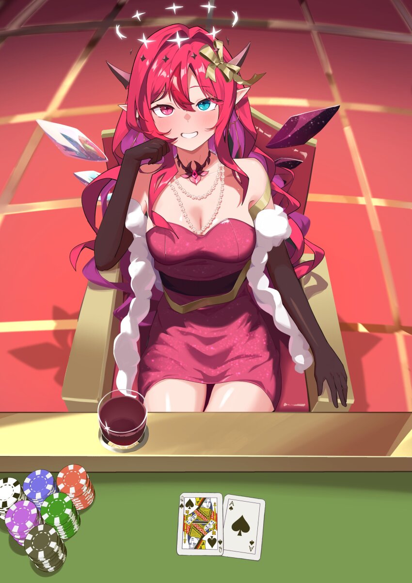 1girl absurdres asymmetrical_wings bare_shoulders black_choker black_gloves blue_eyes bow breasts chair choker cleavage commentary crystal_wings double-parted_bangs double_halo dress elbow_gloves english_commentary gloves hair_between_eyes hair_bow halo hand_up heterochromia highres hololive hololive_english horns indoors irys_(hololive) jewelry large_breasts long_hair looking_at_viewer mismatched_wings necklace on_chair pink_eyes pointy_ears poker_chip poker_table purple_hair red_hair shift_(shiftillust) short_dress sidelocks sitting sleeveless sleeveless_dress solo star-shaped_pupils star_(symbol) star_halo strapless strapless_dress symbol-shaped_pupils table very_long_hair virtual_youtuber wings
