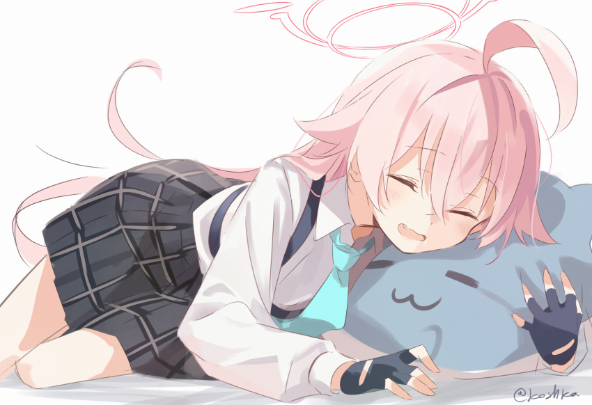 1girl absurdres ahoge aqua_necktie blue_archive blush closed_eyes collared_shirt commentary fang gloves hair_between_eyes halo highres hoshino_(blue_archive) koshka_pic long_hair lying necktie on_side open_mouth pink_hair plaid_clothes plaid_skirt shirt simple_background skirt solo stuffed_animal stuffed_toy twitter_username very_long_hair white_background white_shirt