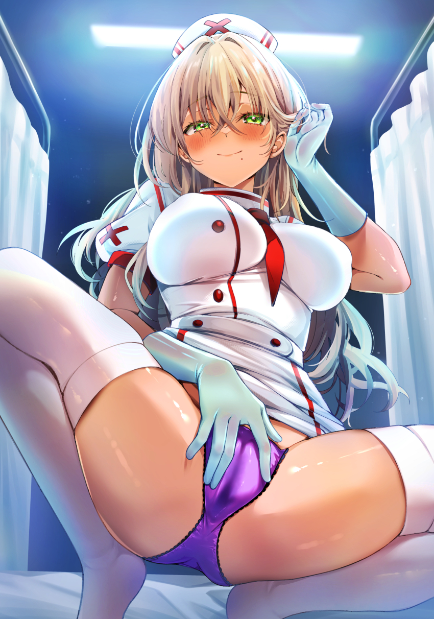 1girl blonde_hair blush breasts commentary_request gloves green_eyes hat highres kaniya_shiku large_breasts long_hair looking_at_viewer nurse nurse_cap original panties purple_panties smile solo spread_legs squatting thighhighs underwear