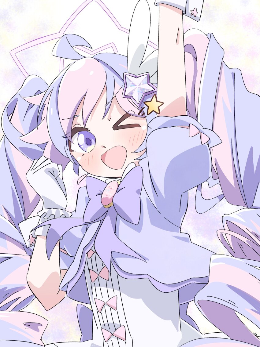 >_o 1girl ;d absurdres ahoge arm_up blue_archive blush bow bowtie clenched_hand commentary_request cropped_jacket drill_hair gloves hair_ornament halo hand_up happy highres jacket long_hair looking_at_viewer magical_girl multicolored_hair official_alternate_costume official_alternate_hairstyle one_eye_closed open_mouth pink_bow pink_hair pink_halo puffy_short_sleeves puffy_sleeves purple_background purple_bow purple_bowtie purple_eyes purple_hair purple_jacket reiremi reisa_(blue_archive) reisa_(magical)_(blue_archive) shirt short_sleeves smile solo star_(symbol) star_hair_ornament star_halo twin_drills twintails two-tone_hair upper_body v-shaped_eyebrows white_background white_gloves white_shirt white_wrist_cuffs wing_hair_ornament wrist_cuffs