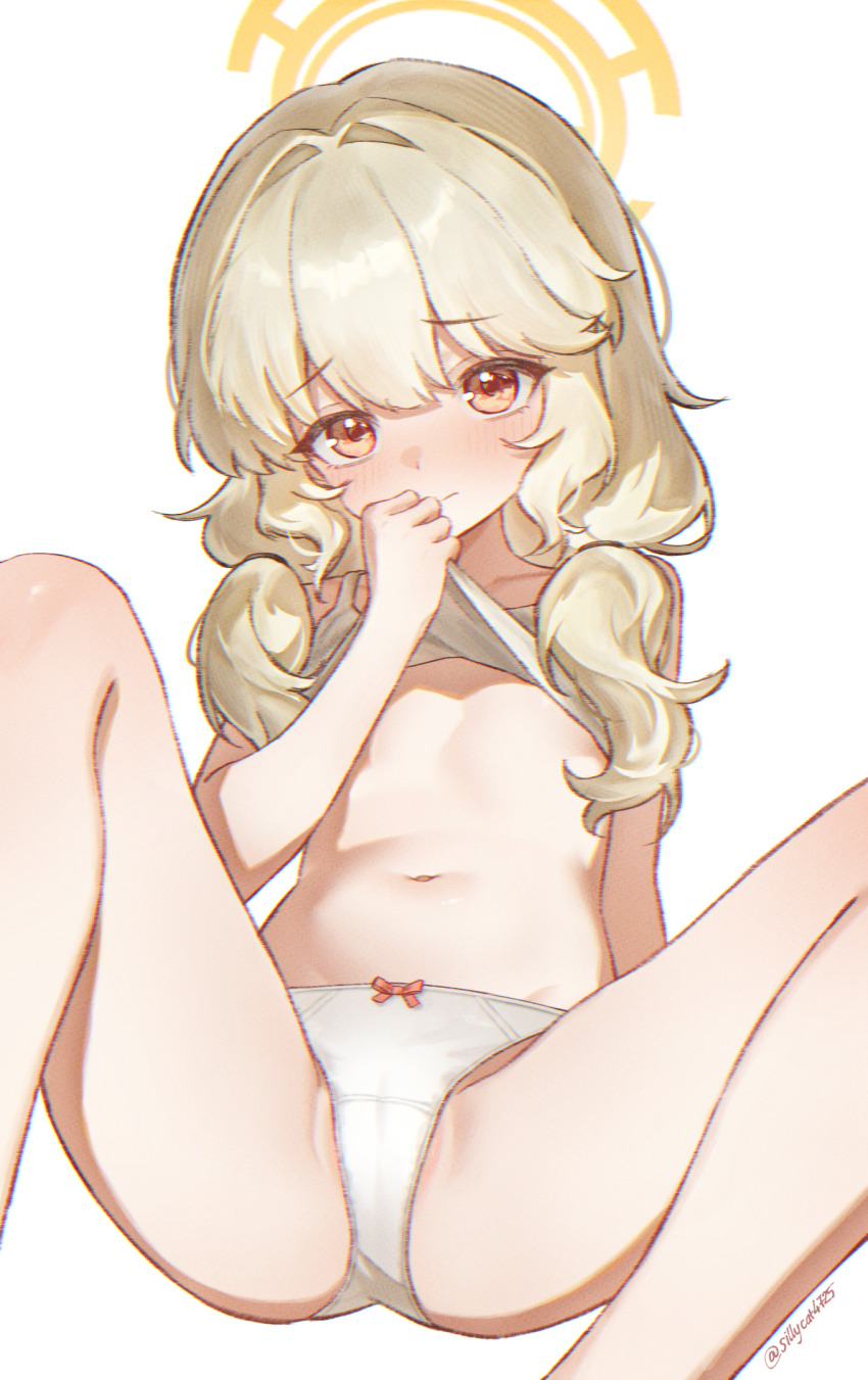 1girl aoba_(blue_archive) blonde_hair blue_archive breasts clothes_lift highres lifting_own_clothes loli looking_at_viewer navel panties red_eyes shirt shirt_lift sillycat4725 simple_background small_breasts solo underwear white_background white_panties white_shirt