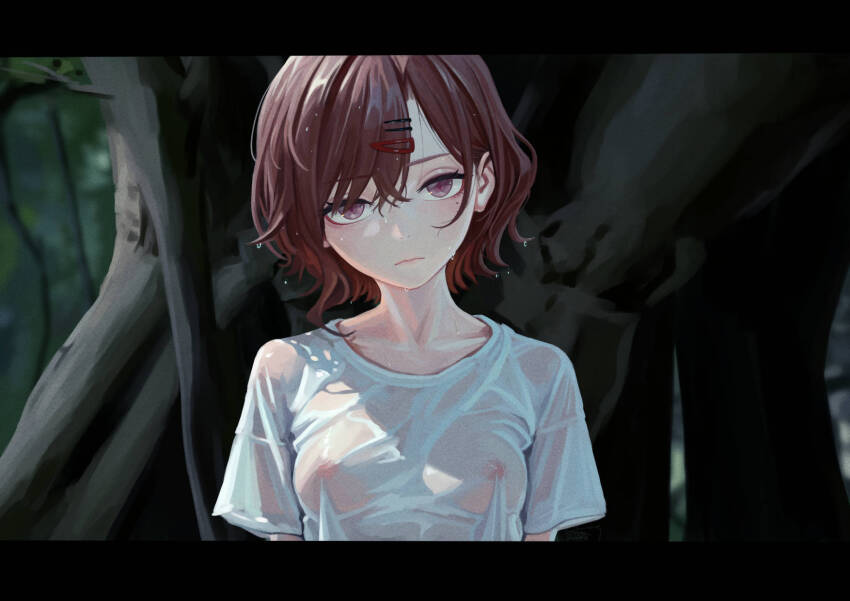 1girl breasts brown_hair closed_mouth collarbone commentary_request expressionless hair_ornament hairclip highres higuchi_madoka idolmaster idolmaster_shiny_colors letterboxed looking_at_viewer mole mole_under_eye nipples outdoors purple_eyes see-through_clothes see-through_shirt shirt short_hair short_sleeves solo straight-on sui_yamami t-shirt upper_body wet wet_clothes wet_shirt white_shirt