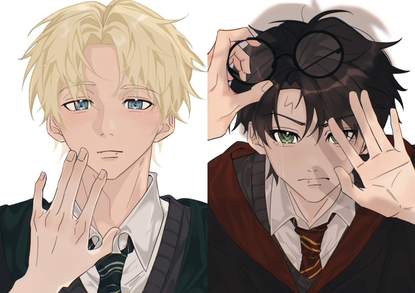 2boys black_hair blonde_hair blood blue_eyes closed_mouth collar crying draco_malfoy eyebrows_hidden_by_hair eyelashes glasses green_eyes gryffindor hand_up harry_potter harry_potter_(series) hogwarts_school_uniform holding holding_glasses kentyyyyy_1132 lightning_bolt_symbol male_focus messy_hair multiple_boys necktie panels parted_bangs scar scar_on_face scar_on_forehead school_uniform shadow shirt short_hair simple_background slytherin striped_necktie tears white_background white_shirt wing_collar wizarding_world yaoi