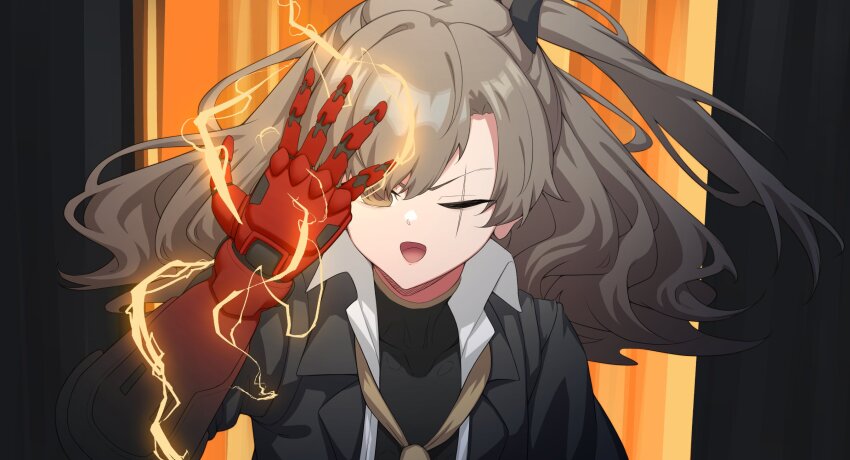 1girl adachi_t_(xadachit) black_jacket brown_eyes collared_shirt commentary energy english_commentary g_gundam girls'_frontline girls'_frontline_2:_exilium grey_hair gundam highres jacket leva_(girls'_frontline_2) long_hair mechanical_arms open_clothes open_jacket open_mouth scar scar_across_eye scar_on_face scene_reference shirt single_mechanical_arm solo ump45_(girls'_frontline) upper_body white_shirt