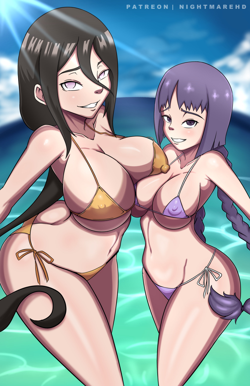 2girls aged_up alternate_breast_size_(larger) artist_name bikini black_hair blue_sky boruto:_naruto_next_generations braid breasts collarbone covered_erect_nipples day eyelashes feet_out_of_frame female_focus from_side grin huge_breasts hyuuga_hanabi kakei_sumire large_breasts long_hair looking_at_viewer looking_to_the_side matching_hair/eyes multiple_girls naruto_(series) naughty_face nightmare_hdraw ocean pink_eyes purple_bikini purple_eyes purple_hair side-tie_bikini_bottom sky smile standing swimsuit teeth twin_braids water yellow_bikini