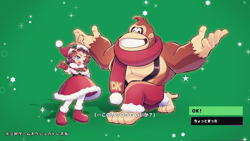 1girl 1other ;d belt black_belt blue_eyes boots brown_hair capelet christmas commentary_request donkey_kong donkey_kong_(series) donkey_kong_bananza dress full_moon fur-trimmed_boots fur-trimmed_capelet fur-trimmed_gloves fur-trimmed_pants fur_trim furry gloves gorilla green_background hat highres moon necktie nintendo one_eye_closed open_mouth pants pantyhose pauline_(mario) pauline_(young)_(mario) pom_pom_(clothes) red_boots red_capelet red_dress red_gloves runapiero santa_costume santa_dress santa_hat scarf smile snow subtitled teeth white_pantyhose
