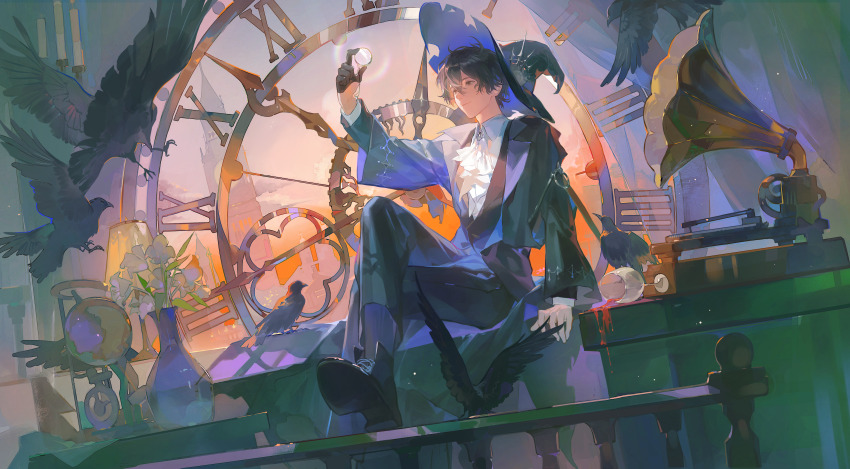 1boy absurdres amon_(lord_of_the_mysteries) arm_up ascot backlighting bird black_bird black_gloves black_hair black_jacket black_pants black_shoes black_sleeves black_socks brown_eyes building clock clock_tower closed_mouth cloud collared_shirt crossed_legs cup double-parted_bangs drinking_glass flower flower_pot gloves hair_between_eyes half_gloves hand_on_table hat highres holding indoors jacket layered_sleeves looking_at_object lord_of_the_mysteries male_focus messy_hair monocle pants phonograph railing rainbow shirt shoes short_hair sitting sky socks solo spill tower white_ascot white_flower white_shirt white_sleeves wine_glass wing_collar witch_hat youling225