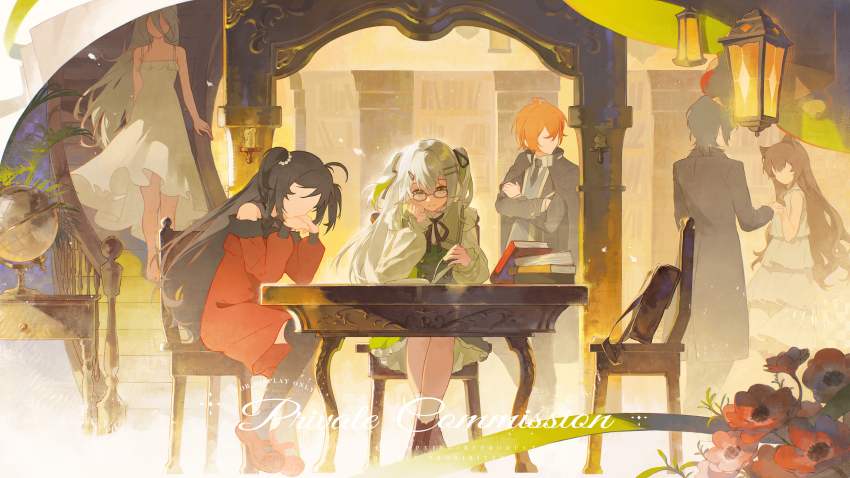 2boys 4girls absurdres book bushi_feichai_qishi chair closed_mouth colored_inner_hair commission day dress faceless faceless_female faceless_male flower glasses hair_between_eyes hair_ornament hairclip hairpin highres indoors long_hair long_sleeves looking_at_object mihuashi_commission multicolored_hair multiple_boys multiple_girls open_book original red_flower sidelocks sitting smile solo_focus sunlight table two_side_up watermark white_hair