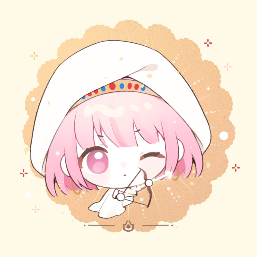 1girl armlet arrow_(projectile) baonu_de_zhanshen_caibutou bare_shoulders bow_(weapon) bracelet chibi chinese_commentary cloak commentary_request determined dot_nose drawing_bow eyelashes frown gold_armlet gold_bracelet highres holding holding_arrow holding_bow_(weapon) holding_weapon hood hood_up hooded_cloak infinity_nikki jewelry light_blush light_particles looking_at_viewer multiple_bracelets nikki_(nikki) nikki_(series) one_eye_closed orange_background parted_lips pink_eyes pink_hair purifying_wind_(infinity_nikki) shirt short_hair sleeveless sleeveless_shirt solo sparkle tareme two-tone_background v-shaped_eyebrows weapon white_cloak white_shirt yellow_background
