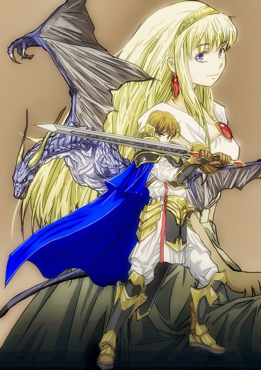 1boy 1girl alicia_(dragon_spirit) amur_(dragon_spirit) armor black_armor blonde_hair blue_cape blue_dragon_(dragon_spirit) blue_eyes boots brown_boots brown_gloves brown_hair cape closed_mouth commentary_request dragon dragon_spirit dress earrings faulds forehead_protector gloves gold_hairband gold_trim greaves hairband hands_up highres holding holding_sword holding_weapon jewelry looking_at_viewer necklace pants shirt short_hair shoulder_armor smile standing sword tatsuya1227 two-handed vambraces weapon white_dress white_pants white_shirt