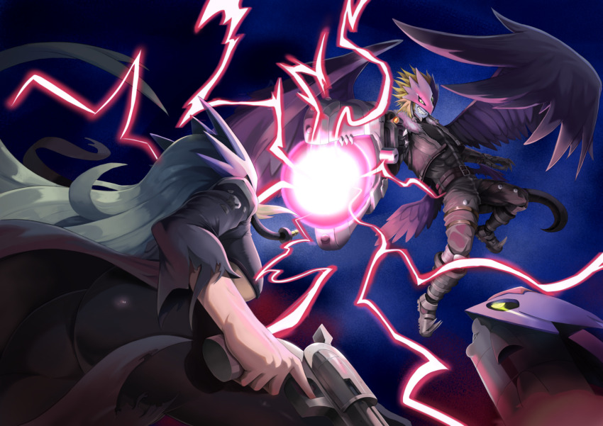 1boy 1girl arm_cannon ass battle beelstarmon beelzebumon beelzebumon_blast_mode belt black_belt black_boots black_coat black_feathers black_jacket black_pants black_vest black_wings blonde_hair blue_mask boots breasts claws coat colored_skin commentary commission cowboy_shot cropped_jacket cropped_vest demon_boy demon_tail digimon digimon_(creature) english_commentary eye_mask feathered_wings feathers firing floating full_body fur-trimmed_jacket fur_trim green_eyes grin gun highres holding holding_gun holding_weapon jacket large_breasts leather leather_jacket leather_pants long_hair looking_at_another mask multiple-barrel_gun no_gloves open_clothes open_jacket pants purple_mask sharp_teeth short_hair sidelocks smile standing tail teeth third_eye tight_clothes tight_pants torn_clothes torn_sleeves underboob vest weapon wings zaviour zipper