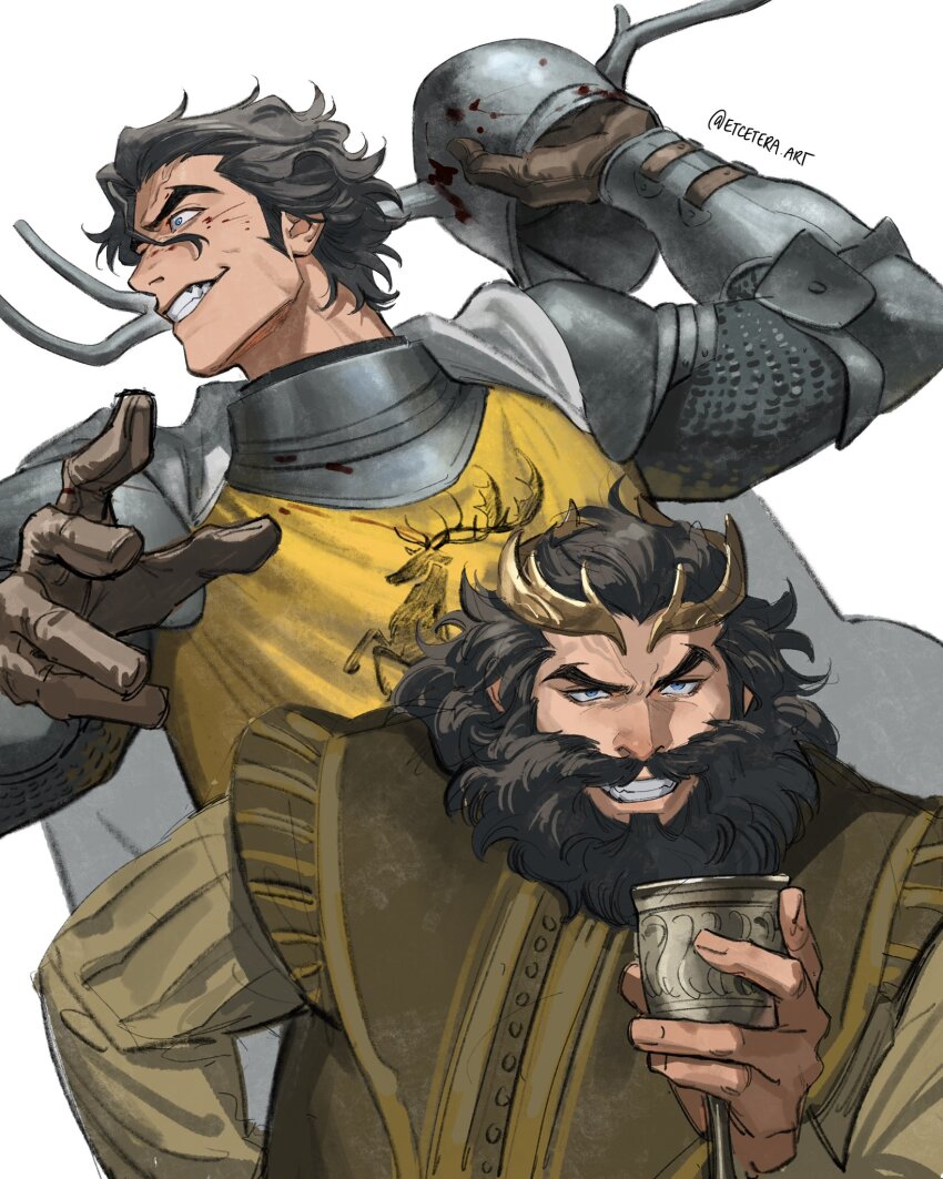 1boy a_song_of_ice_and_fire aged_down armor beard black_hair blue_eyes cape commentary crown cup english_commentary etceteraart facial_hair fat fat_man game_of_thrones grin helmet highres holding holding_cup king knight long_hair looking_at_viewer male_focus multiple_views robert_baratheon simple_background smile teeth white_background white_cape