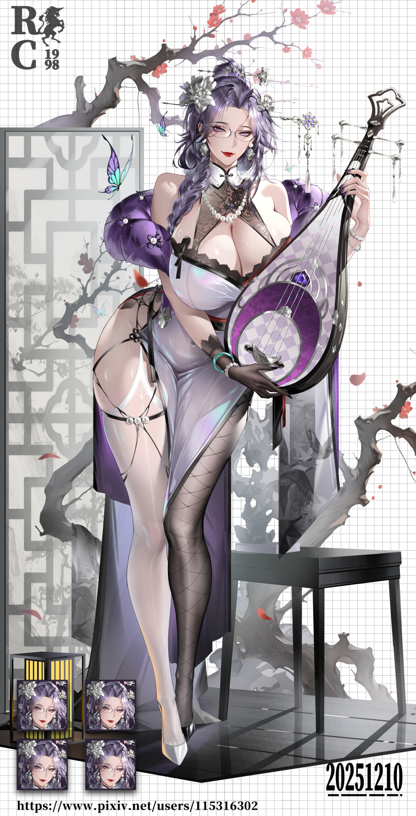 1girl absurdres asymmetrical_footwear asymmetrical_legwear bare_shoulders black_gloves black_shoes breasts bug butterfly cleavage commentary_request dress feather_boa fishnet_pantyhose fishnets flower full_body glasses gloves hair_flower hair_ornament highres holding holding_instrument huge_breasts insect instrument instrument_request jewelry leaning_forward looking_at_viewer mature_female mismatched_footwear mismatched_legwear necklace original pantyhose pearl_necklace pelvic_curtain purple_eyes purple_hair red_flower red_lips rimless_eyewear rong767361929 shiny_skin shoes single_glove single_thighhigh sleeveless sleeveless_dress solo thighhighs white_flower white_pantyhose white_shoes