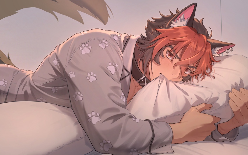 1boy absurdres animal_ear_fluff animal_ear_piercing animal_ears bed biting black_hair collar commentary crossed_bangs dog_boy dog_ears dog_tail fang hair_between_eyes highres holding holding_pillow hugging_object komano_manato looking_at_viewer lying male_focus multicolored_hair muscular muscular_male on_stomach pajamas paw_print paw_print_pattern pillow pillow_bite pillow_hug red_eyes red_hair scar scar_across_eye scar_on_face solo starfish_(user_khjw5882) tail two-tone_hair zenless_zone_zero