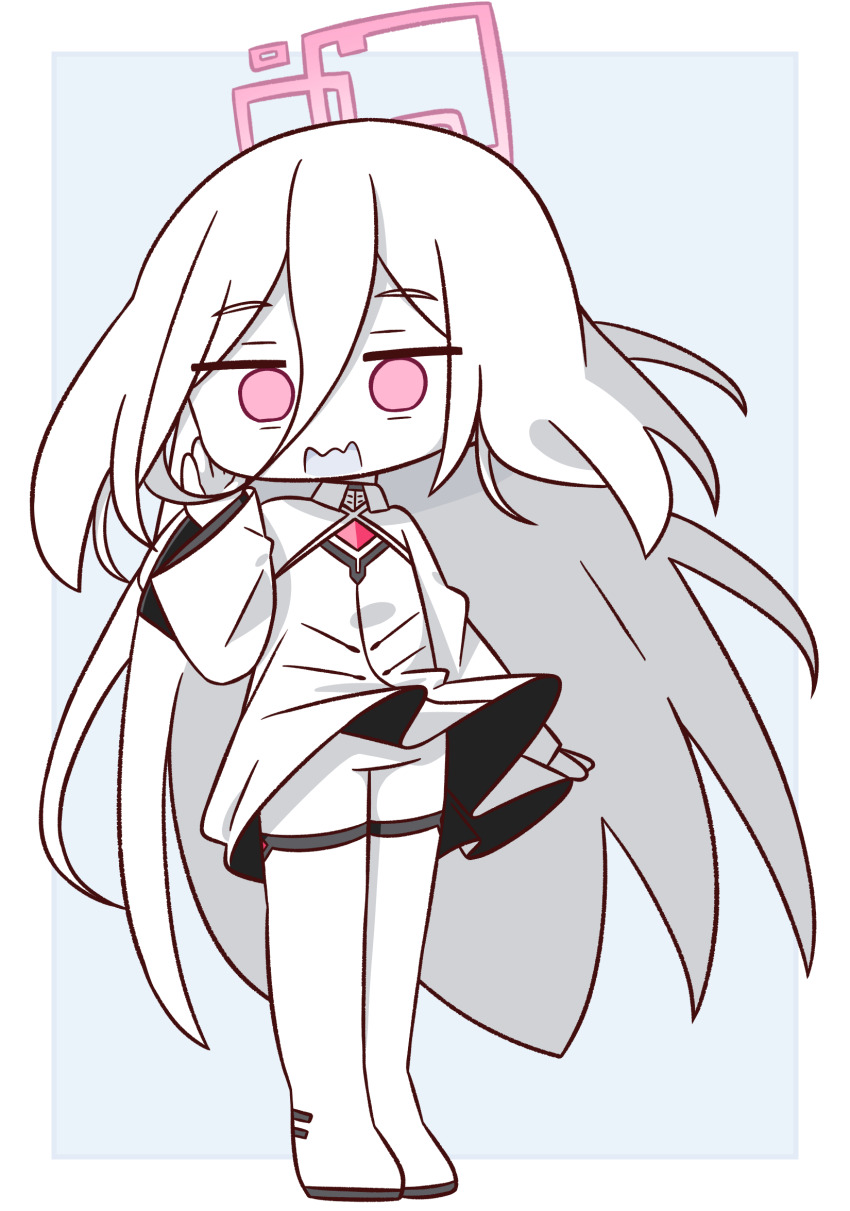 1girl arrow_(symbol) blue_archive boots border chibi clothes_lift commentary_request dress dress_lift empty_eyes full_body grey_background hair_between_eyes hana_kazari highres kei_(blue_archive) kei_(new_body)_(blue_archive) long_hair long_sleeves looking_at_viewer open_mouth pale_skin red_eyes solo standing thigh_boots very_long_hair wavy_mouth white_boots white_border white_dress white_hair wide_sleeves wind wind_lift