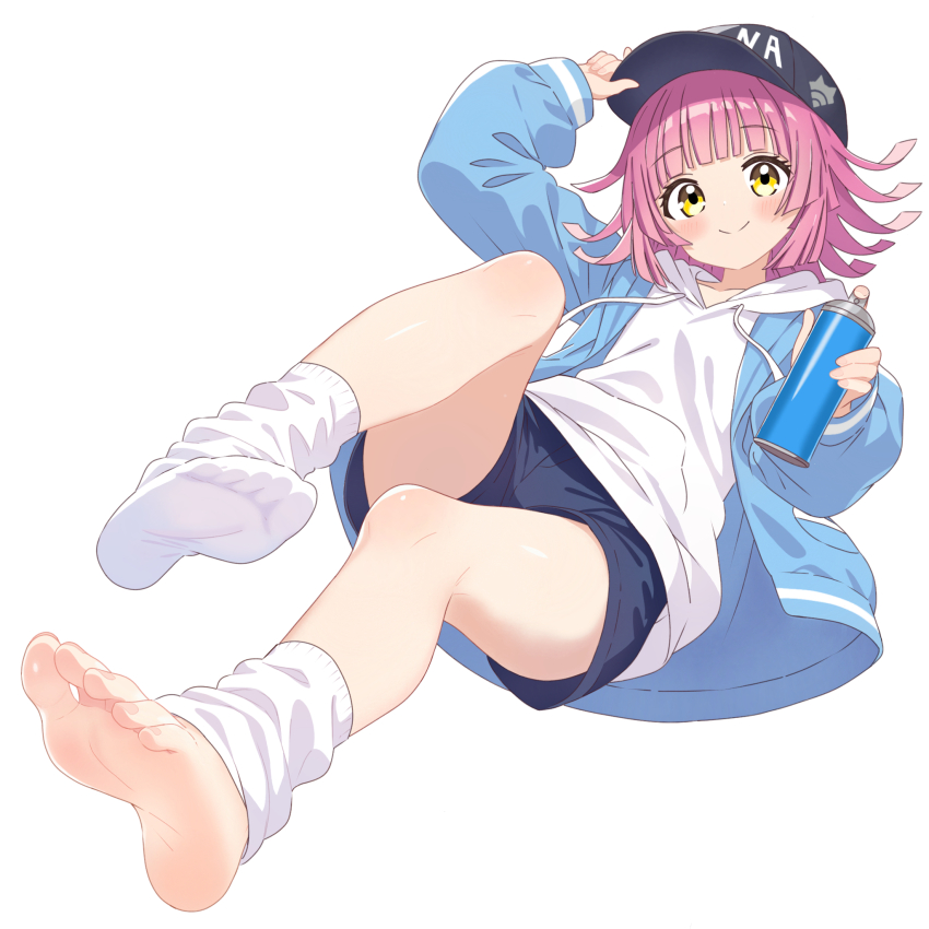 1girl barefoot baseball_cap blush feet hat highres leg_warmers long_hair looking_at_viewer love_live! love_live!_nijigasaki_high_school_idol_club pink_hair shorts single_sock smile socks soles spray_can tennoji_rina toes tr_(pixiv67424465) white_background white_socks yellow_eyes