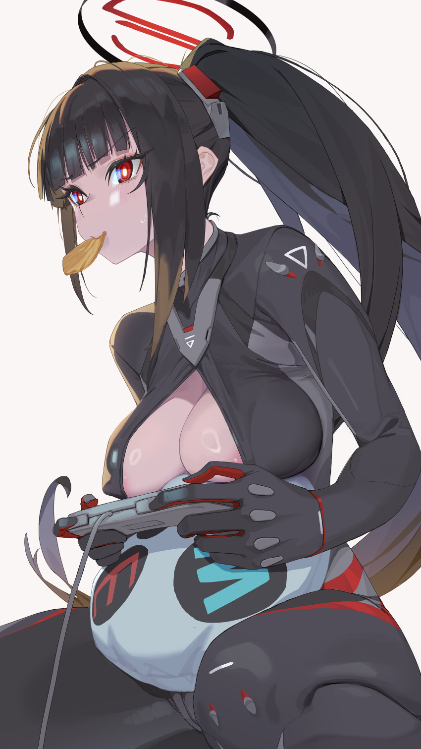 1girl absurdres black_bodysuit black_hair blue_archive bodysuit breasts chips_(food) cleavage commentary_request controller eating food game_controller hair_ornament halo high_ponytail highres large_breasts long_hair mouth_hold nox13 ponytail potato_chips red_eyes rio_(armed)_(blue_archive) rio_(blue_archive) sidelocks sitting thighs