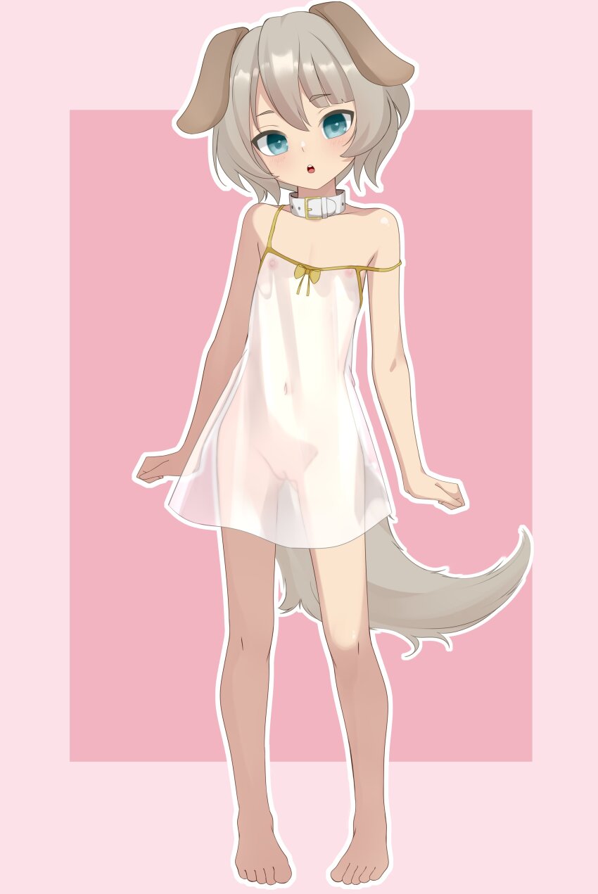 1girl absurdres animal_ears barefoot belt_collar blue_eyes character_request chenki_(chenki) cleft_of_venus collar dog_ears dog_girl dog_tail dress flat_chest full_body highres loli looking_at_viewer nipples open_mouth pussy see-through_clothes see-through_dress solo strap_slip sundress tail teeth toes upper_teeth_only variant_set white_collar white_dress