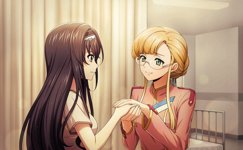 2girls artist_request black_hair blue_eyes breasts clarice_garfield closed_mouth code_geass code_geass:_lost_stories game_cg glass highres jacket large_breasts long_hair maya_disel military_uniform multiple_girls non-web_source official_art pink_shirt shirt sidelocks smile