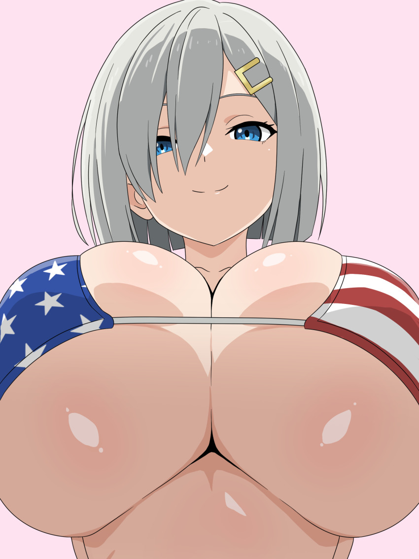 1girl absurdres alternate_breast_size_(larger) american_flag american_flag_bikini american_flag_print bikini blue_eyes breasts closed_mouth commentary_request eyelashes flag_print flag_print_bikini from_below grey_hair hair_between_eyes hair_ornament hair_over_one_eye hamakaze_(kancolle) highres huge_breasts kantai_collection looking_at_viewer medium_hair micro_bikini migikoba print_bikini purple_background skindentation smile solo swimsuit underboob upper_body