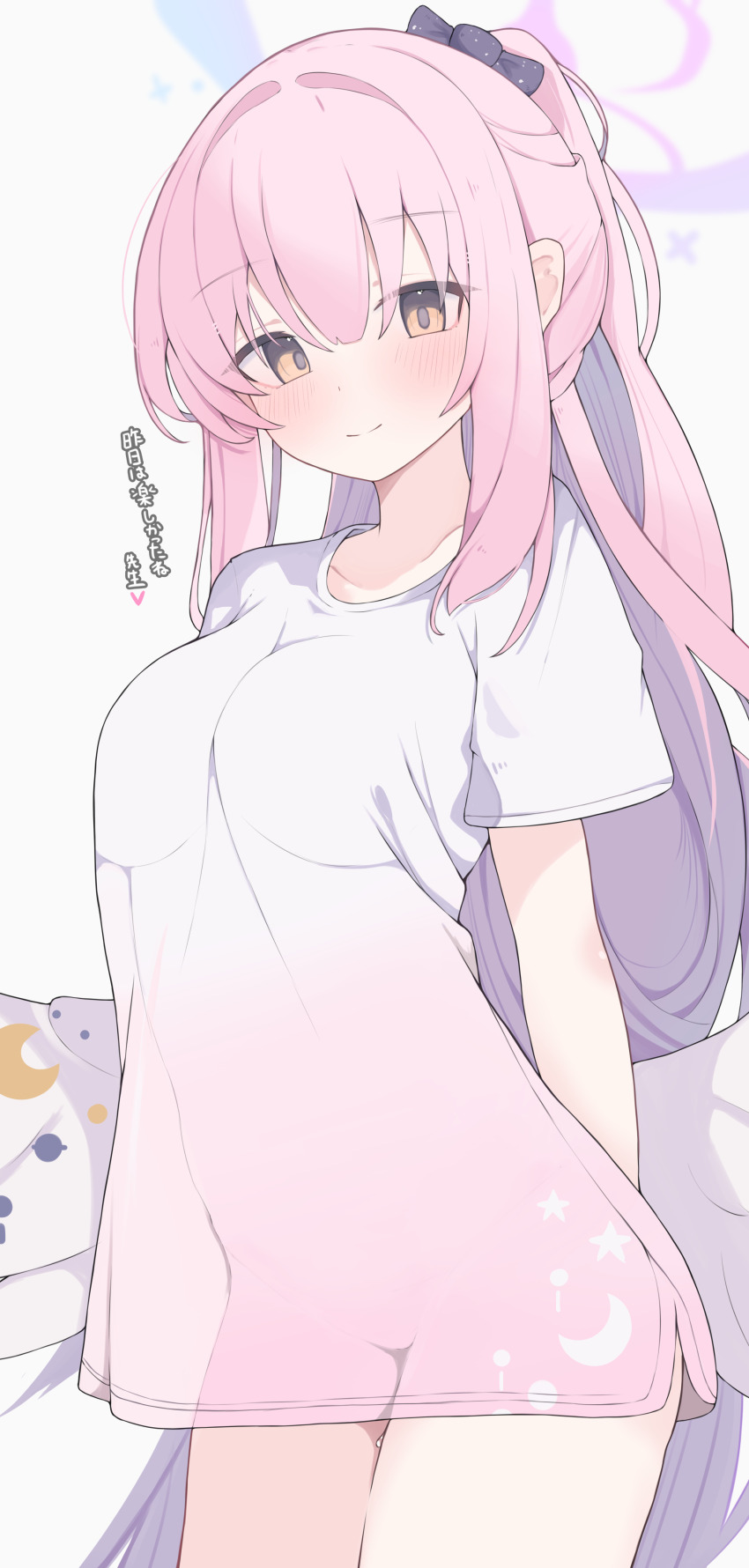 1girl absurdres blue_archive blush breasts commentary_request halo highres large_breasts long_hair looking_at_viewer mika_(blue_archive) nui_(nuinui0300) pink_hair shirt smile solo variant_set white_shirt wings