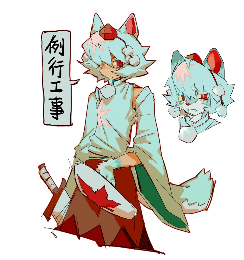 1girl absurdres animal_ears animal_hands chinese_commentary chinese_text closed_mouth colored_eyelashes colored_sclera commentary_request detached_sleeves furrification furry hat highres holding holding_shield inubashiri_momiji multiple_views pom_pom_(clothes) red_eyes red_skirt shield shirt short_hair simple_background skirt sleeveless sleeveless_shirt speech_bubble tail tokin_hat touhou translation_request two-sided_sleeves white_background white_hair white_shirt white_sleeves wide_sleeves wolf_ears wolf_girl wolf_tail xiboliya_suanxing_shengwu yellow_sclera