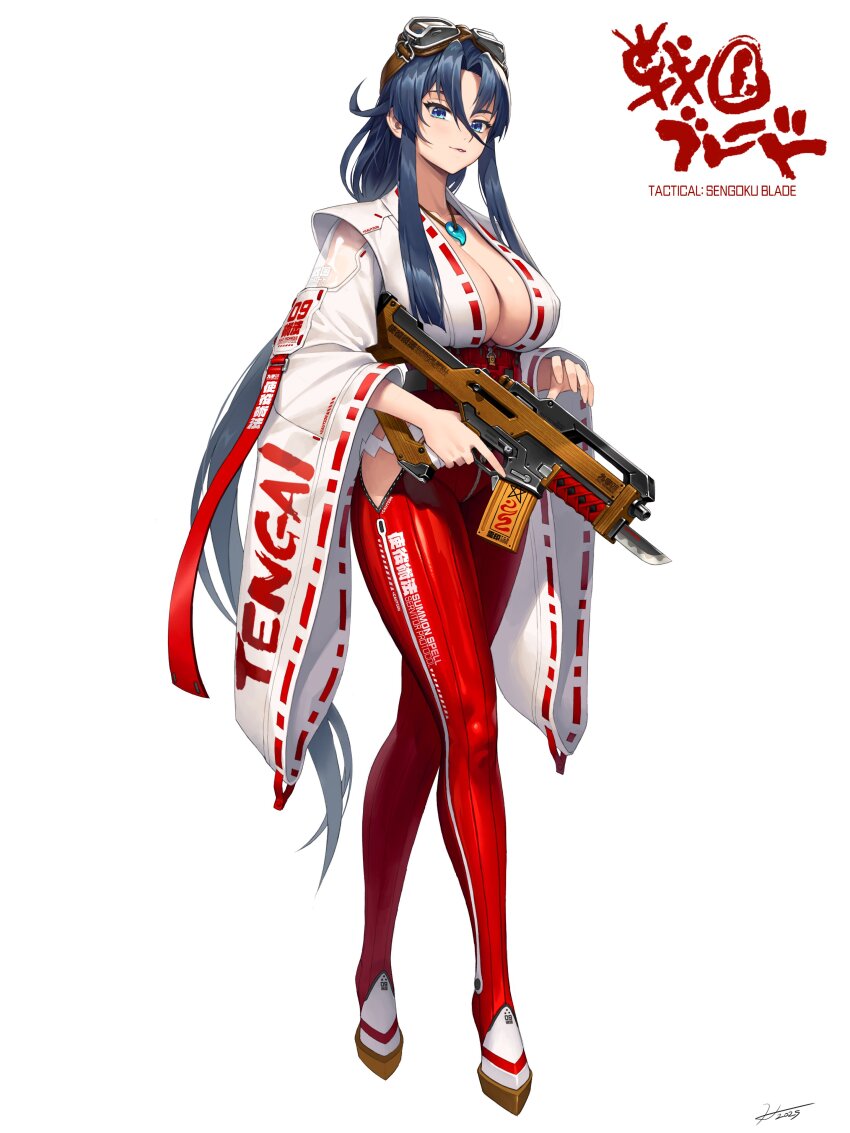 1girl absurdres blue_eyes blue_hair breasts cleavage clothing_cutout eyewear_on_head full_body gun hichi highres hip_vent holding holding_gun holding_weapon long_sleeves looking_at_viewer nontraditional_miko original solo standing weapon