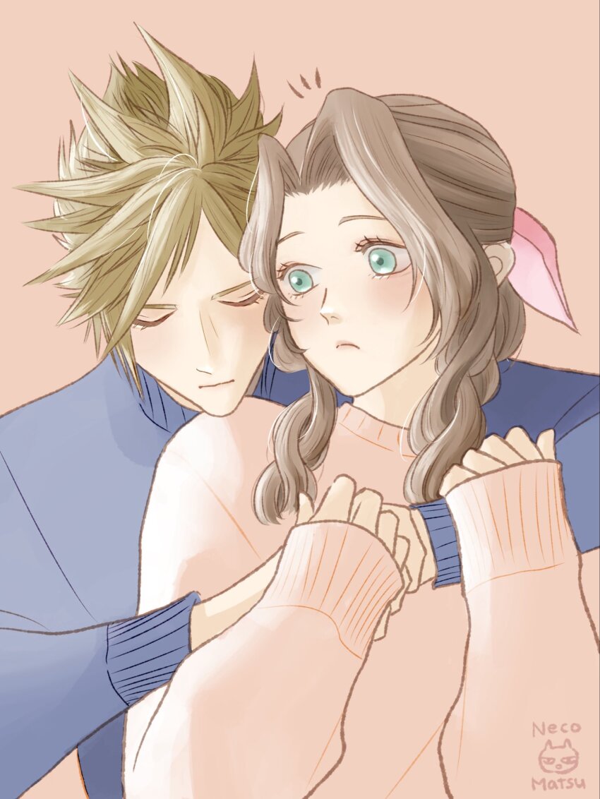 1boy 1girl aerith_gainsborough artist_name blonde_hair blue_sweater braid braided_ponytail brown_hair casual closed_eyes closed_mouth cloud_strife commentary_request couple final_fantasy final_fantasy_vii green_eyes hair_ribbon hetero highres hug hug_from_behind nekomatsu parted_bangs pink_background pink_ribbon pink_sweater ribbon sidelocks single_braid spiked_hair sweater upper_body wavy_hair