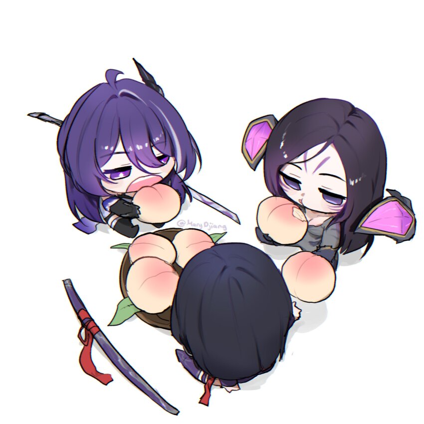 3girls acheron_(honkai:_star_rail) ahoge bright_pupils chibi eating empty_eyes facial_mark food fruit hashtag-only_commentary highres honkai:_star_rail honkai_(series) kai'sa katana leaf league_of_legends long_hair marvel marvel_rivals marydjiang multicolored_hair multiple_girls peach psylocke purple_eyes purple_hair ribbon streaked_hair sword teeth upper_teeth_only weapon white_background