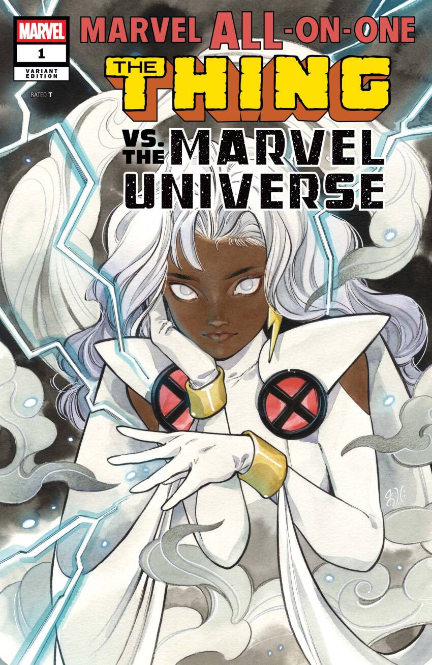 1girl absurdres bodysuit cape clothing_cutout cloud comic_cover company_name copyright_logo copyright_name curly_hair dark-skinned_female dark_skin earrings electricity electrokinesis english_text gloves grey_eyes hand_on_own_cheek hand_on_own_face highres jewelry lightning_bolt_earrings lightning_bolt_symbol logo long_hair looking_at_viewer marvel official_art peach_momoko shoulder_cutout storm_(x-men) upper_body very_dark_skin white_bodysuit white_cape white_gloves white_hair white_theme x-men