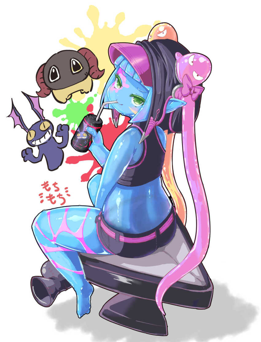 1girl bare_arms barefoot black_hat black_shirt black_shorts blue_hair blue_skin blunt_bangs can chair closed_mouth colored_eyelashes colored_skin commentary_request crop_top drinking drinking_straw drinking_straw_in_mouth facial_mark final_fantasy final_fantasy_xiv from_above from_behind gimme_cat green_eyes hat head_tilt highres holding holding_can lalafell long_hair looking_at_viewer looking_back monster_girl multicolored_hair omoti_mogumogu on_chair pink_hair pink_hat pointy_ears see-through_body shirt shorts sitting sleeveless sleeveless_shirt slime_girl smile sugar_riot twintails two-tone_hair two-tone_hat white_background yan_(final_fantasy)