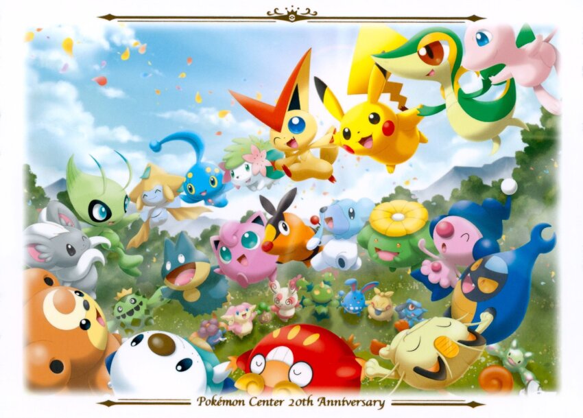 :3 @_@ ^_^ anniversary aqua_eyes artist_request audino azumarill blue_eyes blue_sky bonsly brown_eyes cacnea celebi cinccino closed_eyes closed_mouth cloud coin colored_sclera commentary copyright_notice cubchoo darumaka day drooling english_commentary fangs foongus gen_1_pokemon gen_2_pokemon gen_3_pokemon gen_4_pokemon gen_5_pokemon gloom_(pokemon) gold grass grin holding_hands jigglypuff jirachi karrablast koban_(gold) legendary_pokemon makuhita manaphy maractus meowth mew_(pokemon) mime_jr. munchlax mythical_pokemon nintendo no_humans nostrils official_art one_eye_closed open_mouth oshawott outdoors petals pikachu poke_ball_symbol pokemon pokemon_(creature) pokemon_focus red_eyes reuniclus riolu scan shaymin shaymin_(land) skiploom sky smile snivy snot spinda spiral-only_eyes teddiursa teeth tepig third-party_source tree victini yellow_sclera